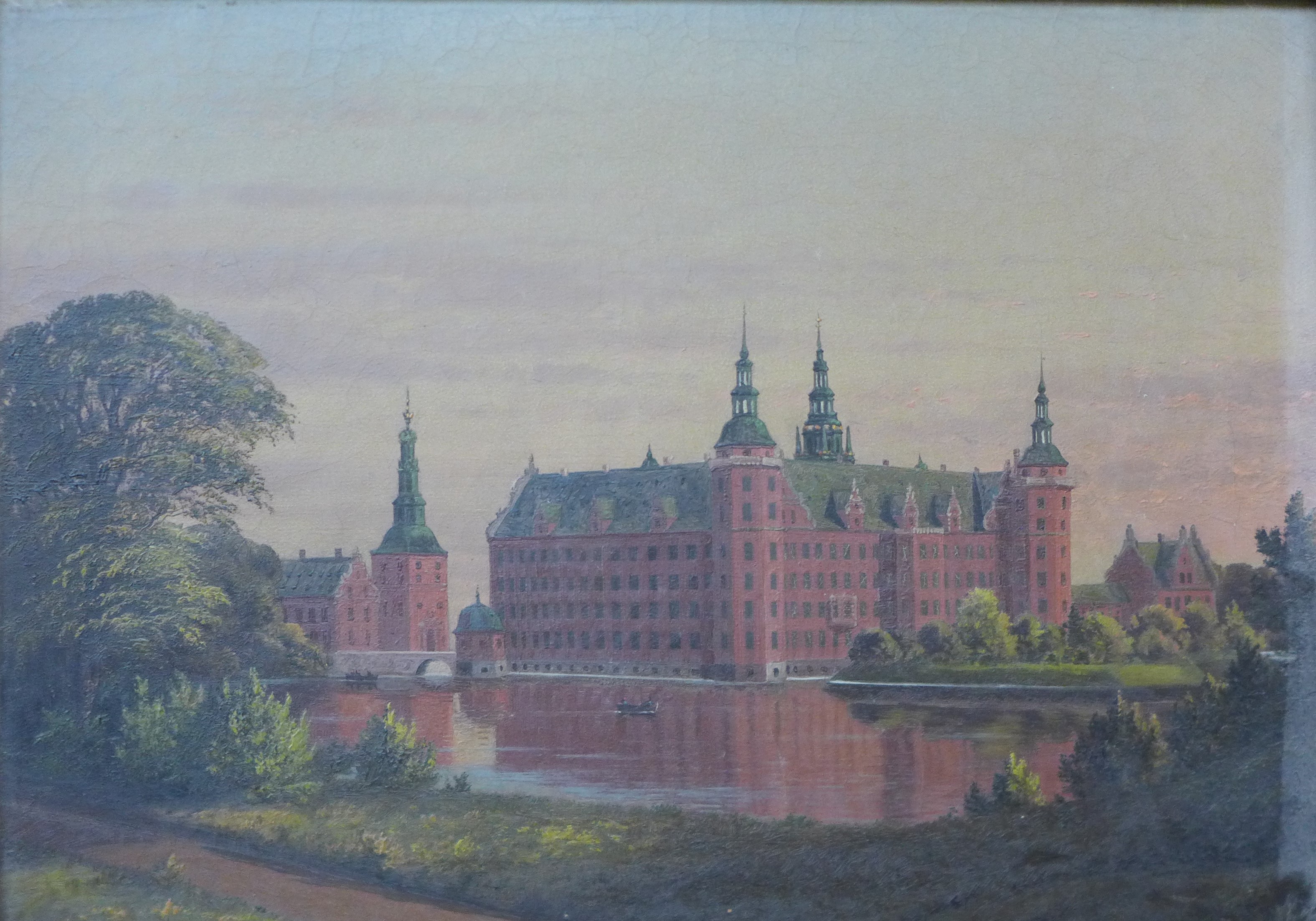 Continental School (19th Century), river landscape with a palace, oil on canvas, indistinctly