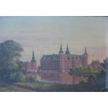 Continental School (19th Century), river landscape with a palace, oil on canvas, indistinctly
