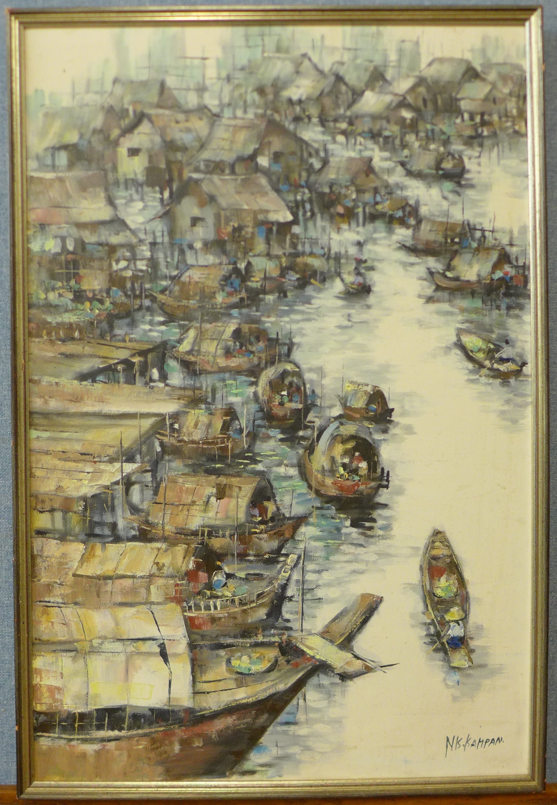 Nikit Kampan (Vietnamese), river scene with boats, oil on 75 x 50cms,, framed - Image 2 of 3