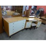 A G-Plan, E. Gomme painted oak chest of drawers, dressing table and a stool