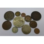 A Victorian 1890 silver crown, a/f, a Prussian coin dated 1860 and other coins