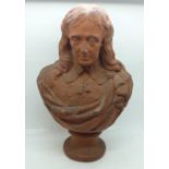 A mid 19th Century terracotta library bust of poet John Milton, 1608-1674, 29cm