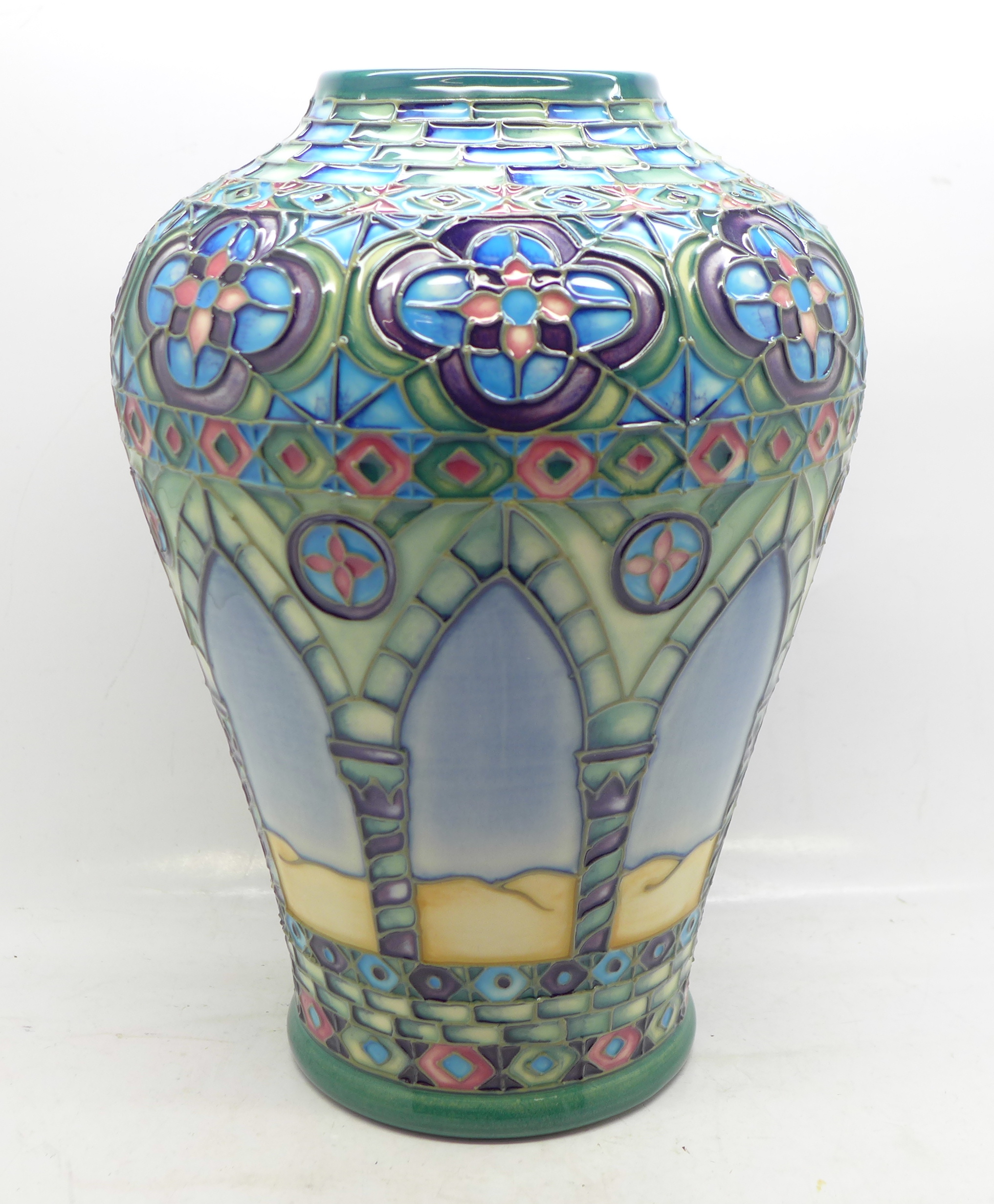 A Moorcroft Meknes vase, 79/350, designed by Beverley Wilkes, signed on the base, 21.5cm, boxed