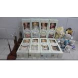 Eight boxed The Classique Collection dolls, with stands, and six Teddy bears including four Me to