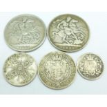 Two Victorian crowns, 1887 and 1893, two other Victorian coins and a 1919 one florin