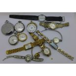 Three silver cased fob watches, a/f, a lady's Ingersoll wristwatch, other wristwatches and a
