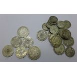 Six pre 1920 silver coins, 71g, and a collection of 1920 to 1946 silver coins, 171g, (total weight