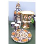 A Burtondale Imari urn, a Hamilton Imari vase and cover, cover a/f, other Imari comprising three