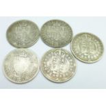Five Victorian half crowns 1889, 1892, 1893, 1897 and 1899