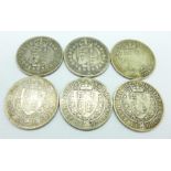 Six Victorian half crowns; 1889, 1890, 1893, 1897, 1900 and 1901