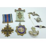 A RAF silver and enamel sweetheart brooch, a silver lodge medal, a US Distinguished Flying Cross