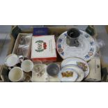 A box of Royal commemorative glass and china including a Princess Margaret Rose saucer, a/f