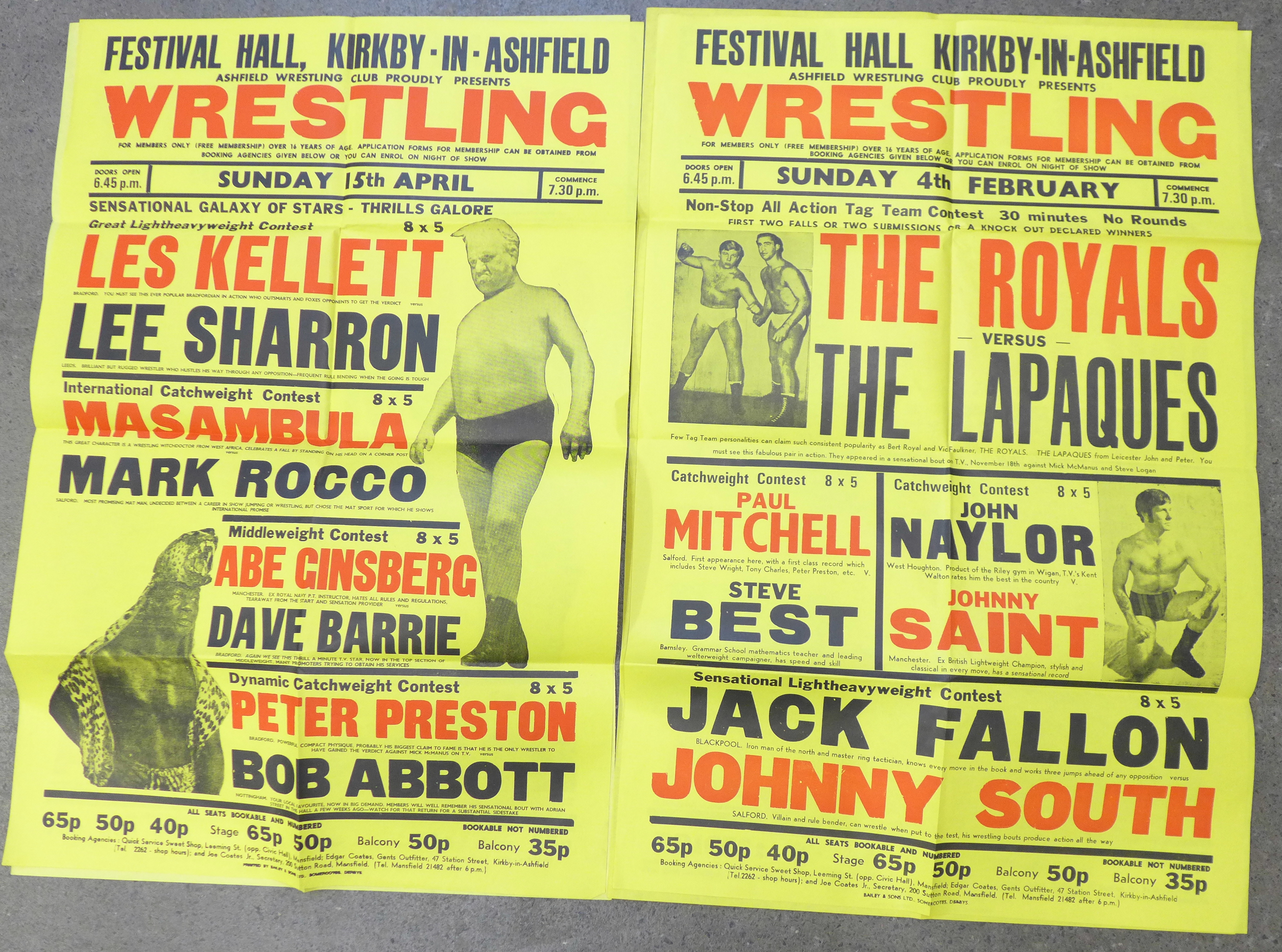 Four wrestling posters including Les Kellett, The Royals, Johnny Saint and Jackie Pallo, etc.