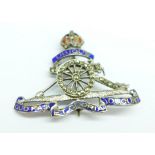 An early 20th Century marcasite and enamelled military sweetheart brooch, some a/f