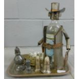 Plated ware, brassware, pewter and a novelty bottle holder