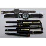 An Aviator wristwatch and one other wristwatch, an Onoto pen with 14ct gold nib and seven other pens