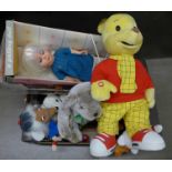 Children's toys including a Palitoy doll, Noddy, Womble and Rupert Bear, etc.