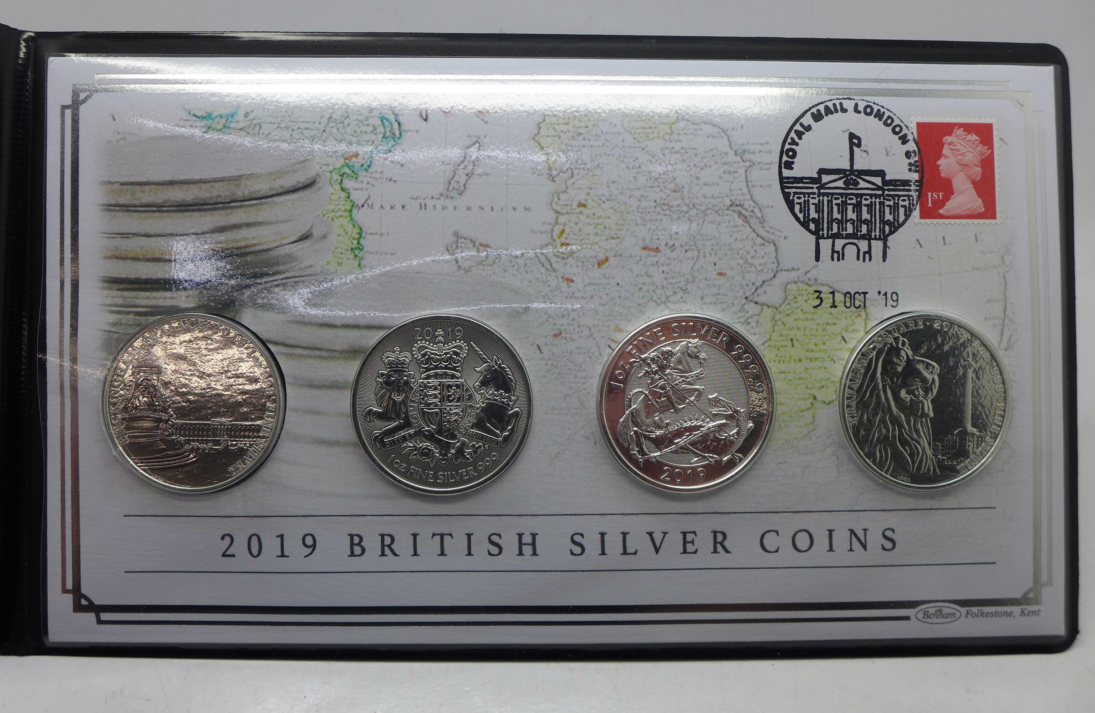 A 2019 British silver coins cover collection includes four 1oz. fine 999.9 silver coins, with