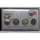 A 2019 British silver coins cover collection includes four 1oz. fine 999.9 silver coins, with