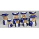 Three Wood & Sons blue and white jugs, salt and pepper pot, money box, shaker and a small jug