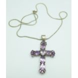 A silver and amethyst cross pendant and chain