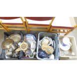 Four boxes of assorted items; plated ware, china, clock, etc.