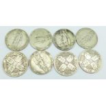 Five Edward VII Britannia one florin coins and three Victorian one florin coins, (8), 87g