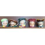 Five large Royal Doulton character jugs including Drake and Pied Piper