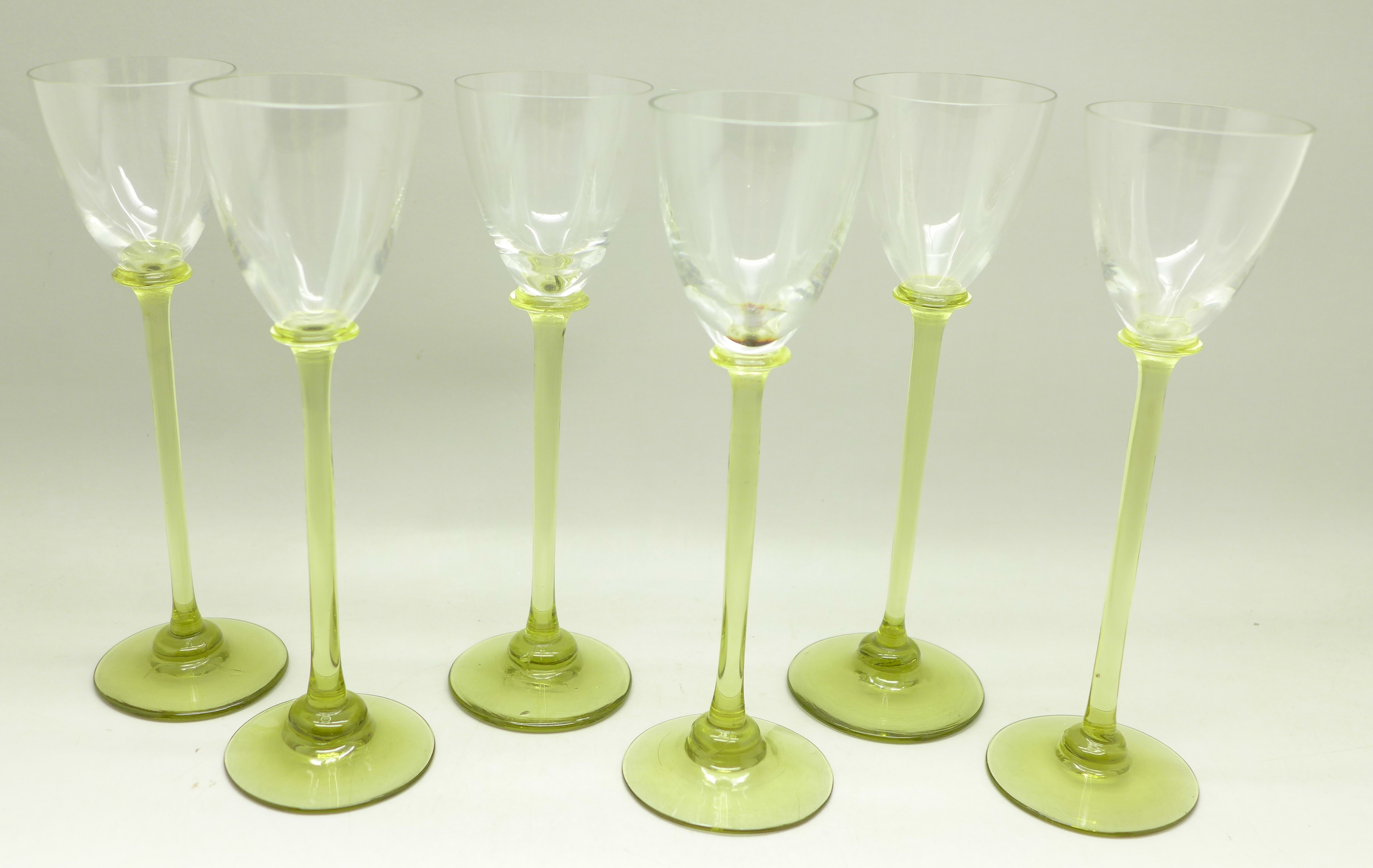 A set of six Austrian Secessionist liqueur glasses, circa 1900, probably Koloman Moser, flared bowls