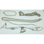 Three silver neck chains and two silver bracelets, 137g