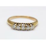 A yellow metal and five stone diamond ring, marked 750, 3.5g, P