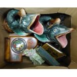 Two majolica fish vases, a horse and cart, a musical wooden piano jewellery box, etc.