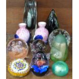 Glassware; three vases and eight paperweights