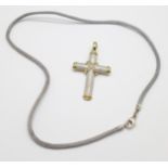 A 9ct gold and diamond cross pendant, 6.2g, 51mm x 28mm, and a silk necklet with silver fastener