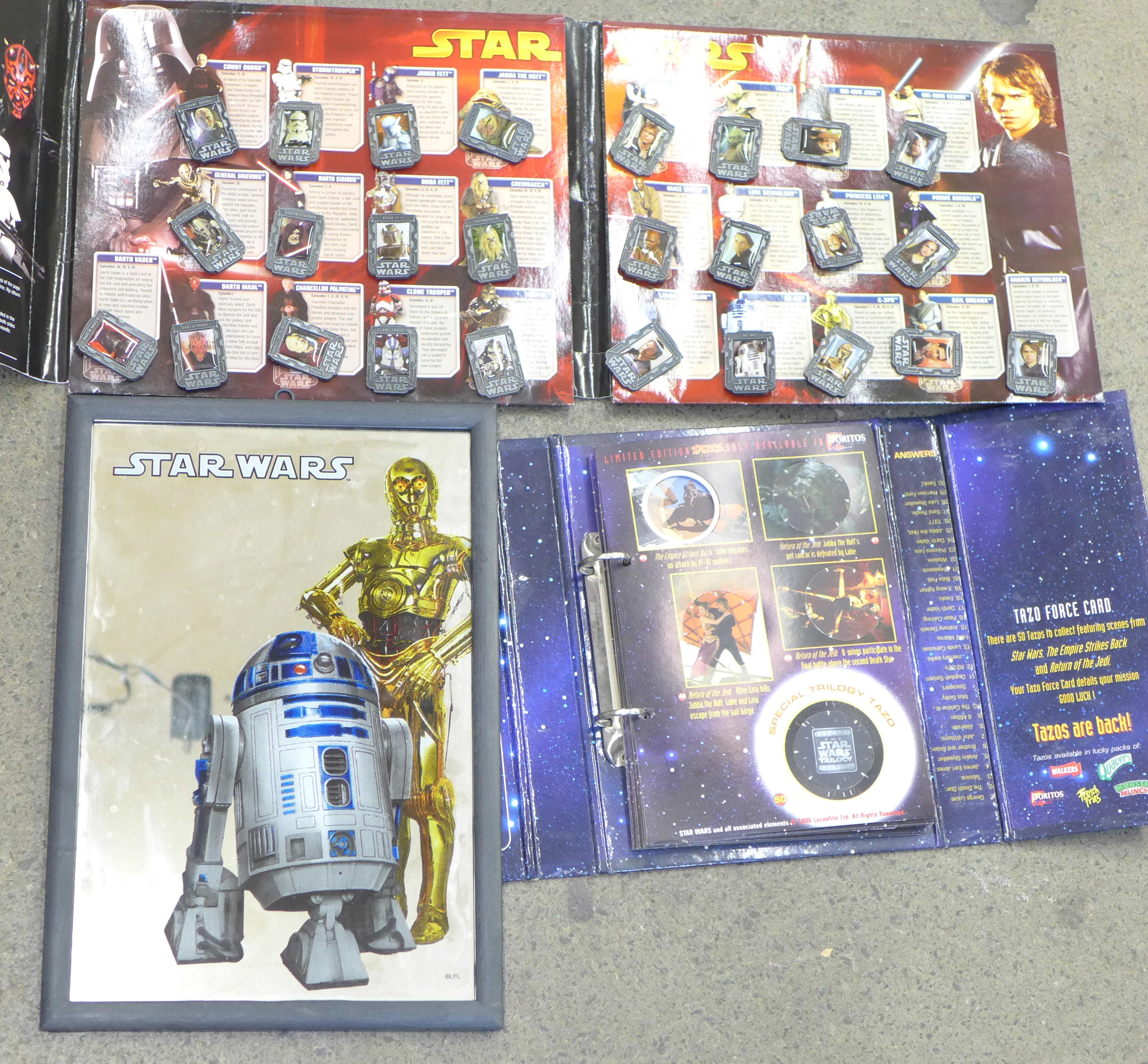 Star Wars Episode III 2005 pin badge collection, Star Wars Tazo pack and a Star Wars mirror