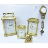 Tiffany & Co, Weiss and Schatz carriage clocks, a pendulum clock and one other clock, a/f