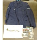 An RAF No 1 dress uniform, military and other postcards and four aircraft prints