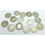Fifteen silver one shilling coins, thirteen Victorian and two Edward VII