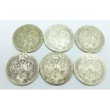 Six Victorian florins 1895, 1896 (2) and 1899 (3)