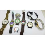 Five Swatch wristwatches and four other watches, a/f