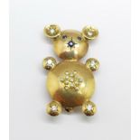 A 9ct gold mouse pendant/brooch set with six diamonds, sapphires, garnet and pearls, 5.3g, height