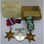 Three WWII medals including Air Crew Europe Star with Air Ministry box addressed to T.G. Marshall,