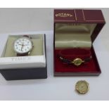 A 9ct gold cased wristwatch head, a/f, 3.5g, a lady's Timex wristwatch and a gentleman's Timex