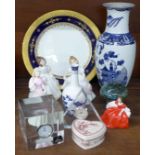 A Coalport plate and two figures, two Royal Doulton figures and a lead crystal clock, M'dina
