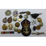 Badges, buttons, etc., including military