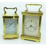 Two brass cased quartz carriage clocks, smaller case with water damage