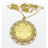 A Victorian 1893 half sovereign in a 9ct gold mount on a fine yellow metal chain, total weight 8.1g