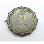 A Victorian 1889 double florin in a brooch mount
