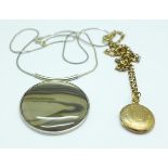 A plated locket and chain and a silver set pendant and chain
