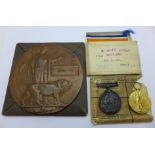 A death plaque with case to Henry Pye and a pair of WWI medals to 67501 Pte. H. Pye, Cheshire Regt.
